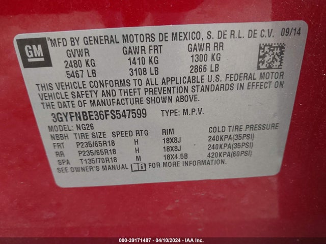 3GYFNBE36FS547599 Cadillac Srx Luxury Collection