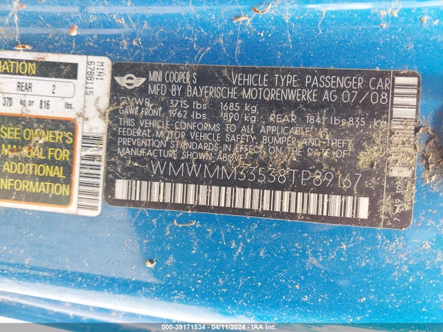 2008 MINI COOPER S CLUBMAN WMWMM33538TP89167 Photo 8