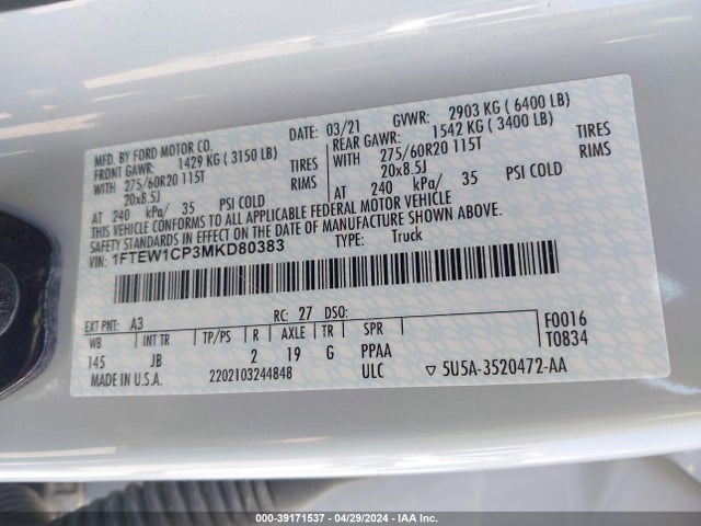 Ford F-150 Xl 2021 1FTEW1CP3MKD80383 Image 9