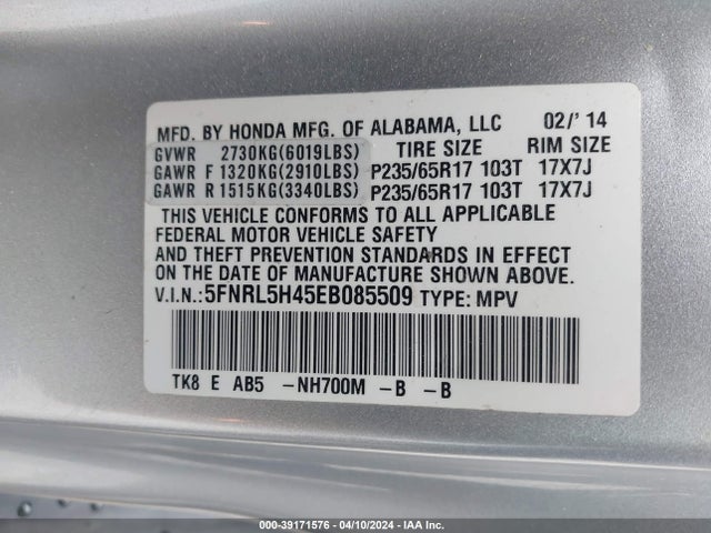 Honda ODYSSEY EX 2014 5FNRL5H45EB085509 Image 9