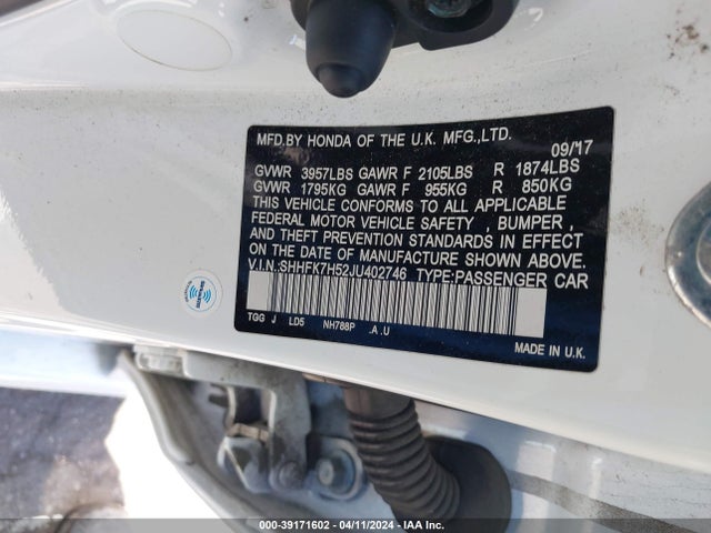 Honda CIVIC EX 2018 SHHFK7H52JU402746 Image 9