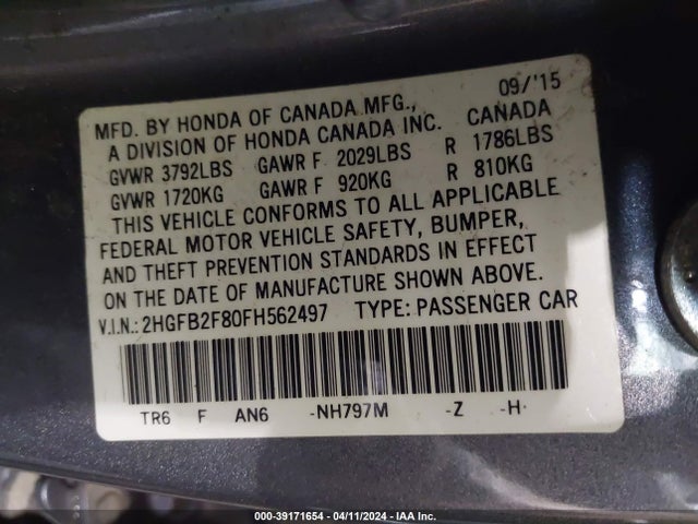 Honda CIVIC EX 2015 2HGFB2F80FH562497 Image 9