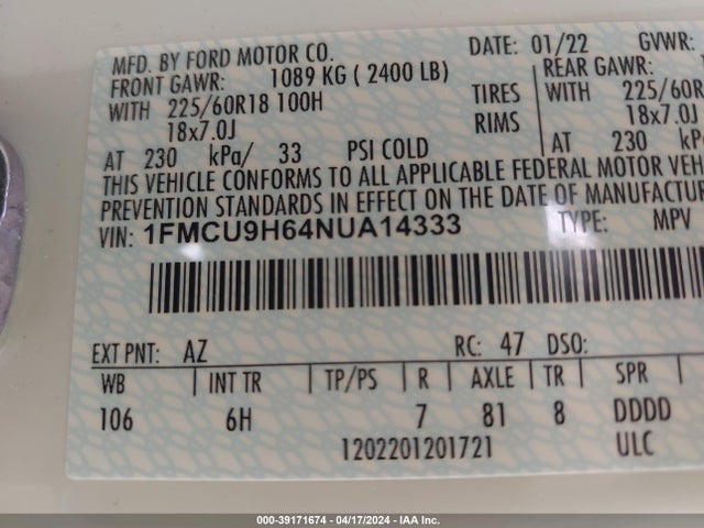 Ford ESCAPE SEL 2022 1FMCU9H64NUA14333 Image 9