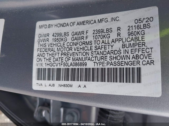Honda Accord Ex-l 2020 1HGCV1F50LA086899 Image 9