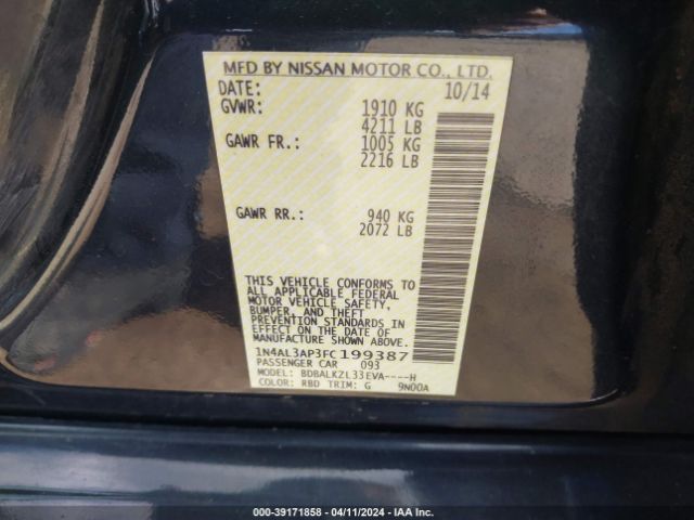 1N4AL3AP3FC199387 Nissan Altima 2.5 Sv