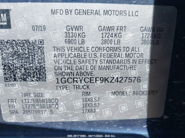Chevrolet Silverado 1500 Custom Trail Boss 2019 1GCRYCEF9KZ427576 Image 9