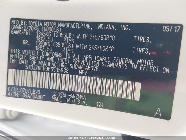 Toyota Highlander Xle 2017 5TDJZRFH9HS515938 Image 9