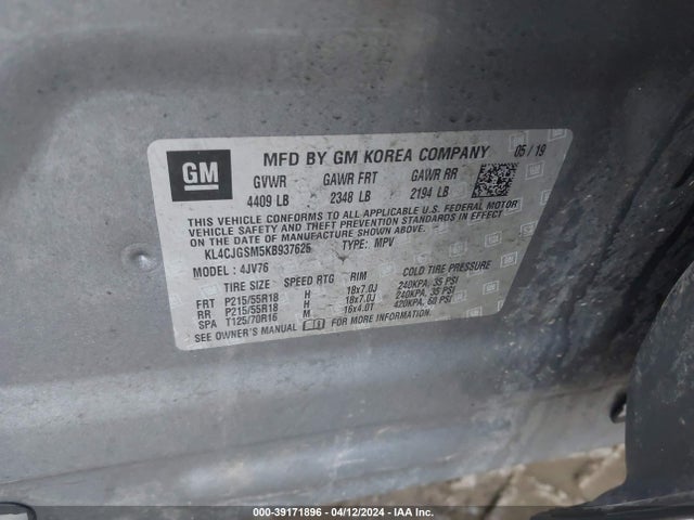 KL4CJGSM5KB937625 Buick Encore Awd Essence