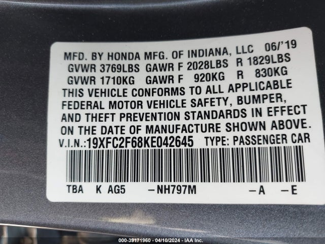 Honda Civic Lx 2019 19XFC2F68KE042645 Image 9