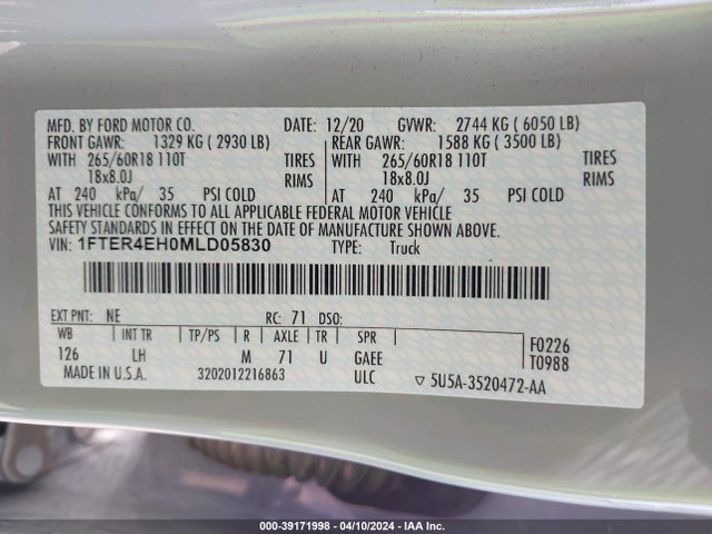 Ford Ranger Xlt 2021 1FTER4EH0MLD05830 Image 9