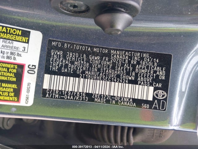 Toyota COROLLA LE 2014 2T1BURHE5EC142424 Image 9