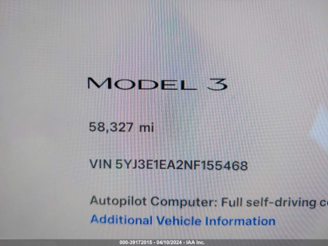 5YJ3E1EA2NF155468 Tesla Model 3 Rear-wheel Drive