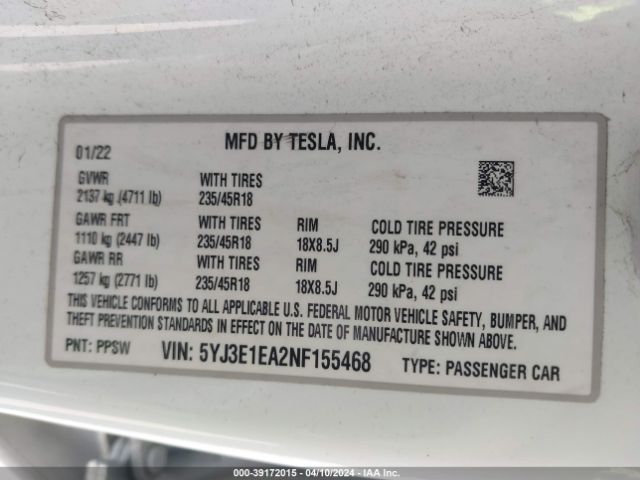 5YJ3E1EA2NF155468 Tesla Model 3 Rear-wheel Drive