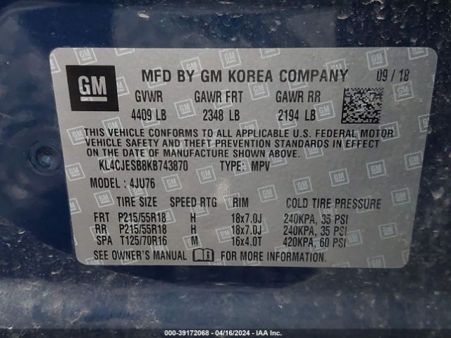 KL4CJESB8KB743870 Buick Encore Awd Preferred