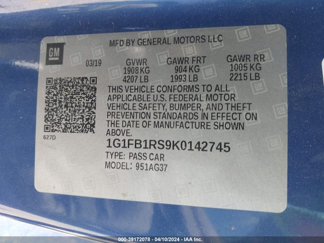 Chevrolet Camaro 1lt 2019 1G1FB1RS9K0142745 Image 9