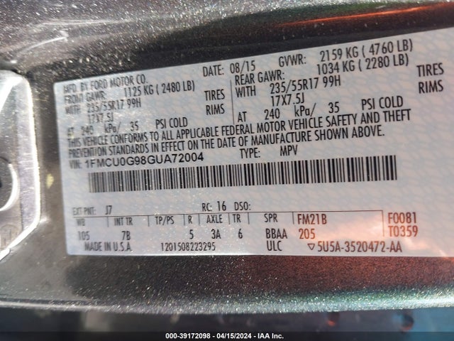 Ford ESCAPE SE 2016 1FMCU0G98GUA72004 Image 9