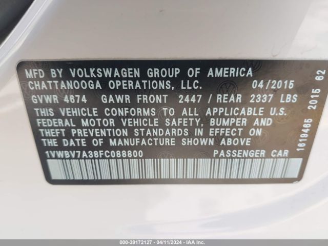 1VWBV7A38FC088800 Volkswagen Passat 2.0l Tdi Se