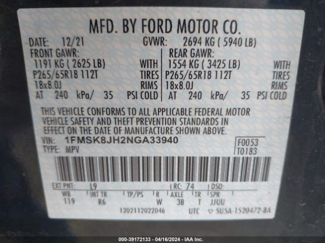 1FMSK8JH2NGA33940 Ford Explorer Timberline