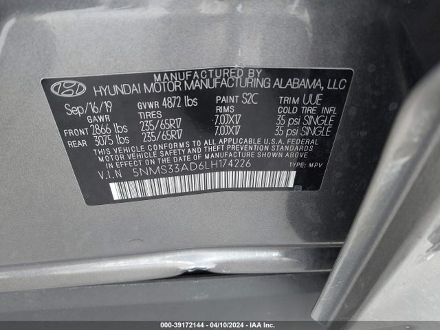 Hyundai Santa Fe Sel 2020 5NMS33AD6LH174226 Image 9