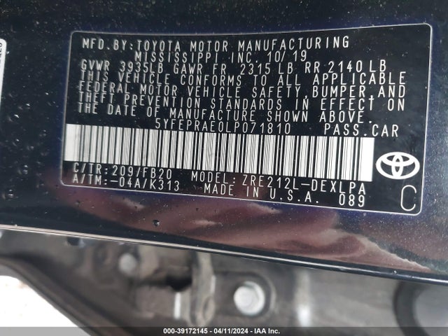 Toyota COROLLA LE 2020 5YFEPRAE0LP071810 Image 9