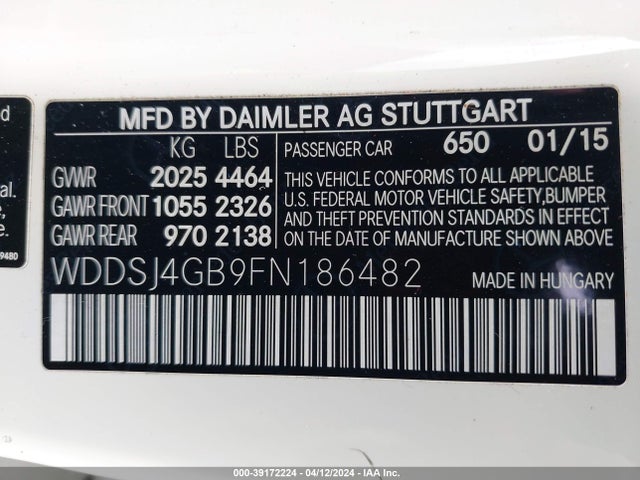 39172224 :رقم المزاد ، WDDSJ4GB9FN186482 vin ، 2015 Mercedes-benz Cla 250 4matic مزاد بيع