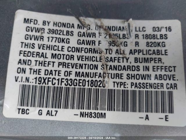 19XFC1F33GE018020 Honda Civic Ex-t