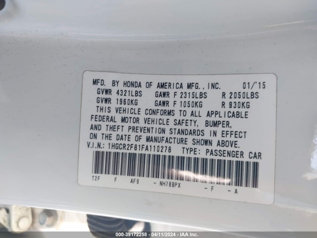 Honda Accord Ex-l 2015 1HGCR2F81FA110278 Image 9