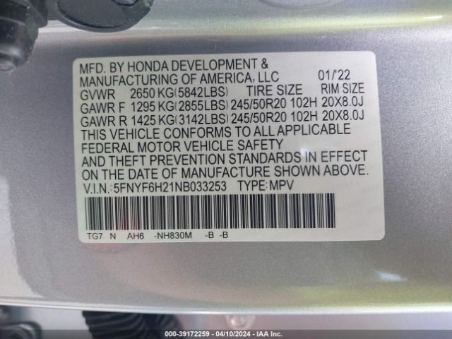 5FNYF6H21NB033253 Honda Pilot Awd Special Edition