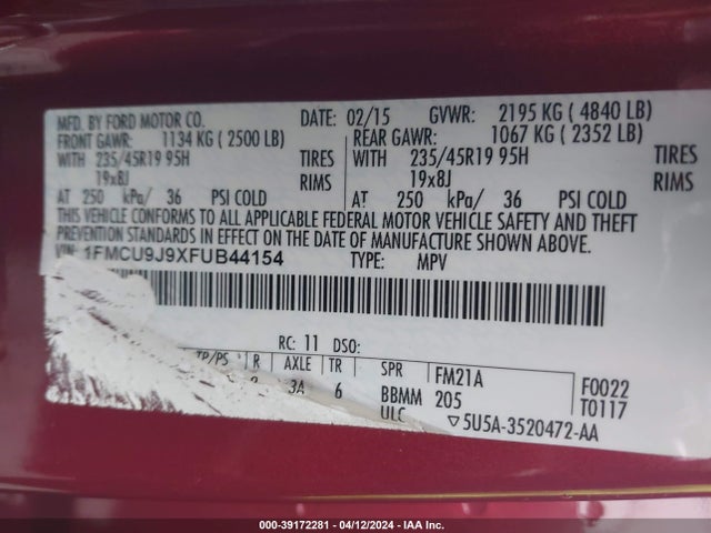 Ford Escape Titanium 2015 1FMCU9J9XFUB44154 Image 9