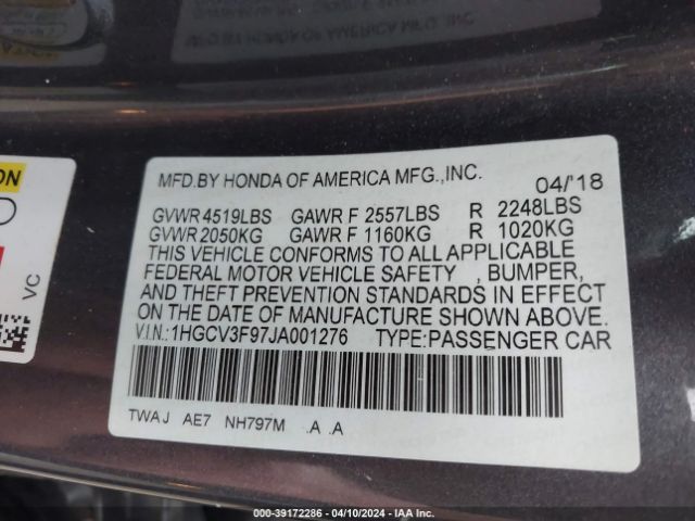 1HGCV3F97JA001276 Honda Accord Hybrid Touring
