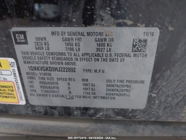 1GNKVGKD9HJ222892 Chevrolet Traverse 1lt