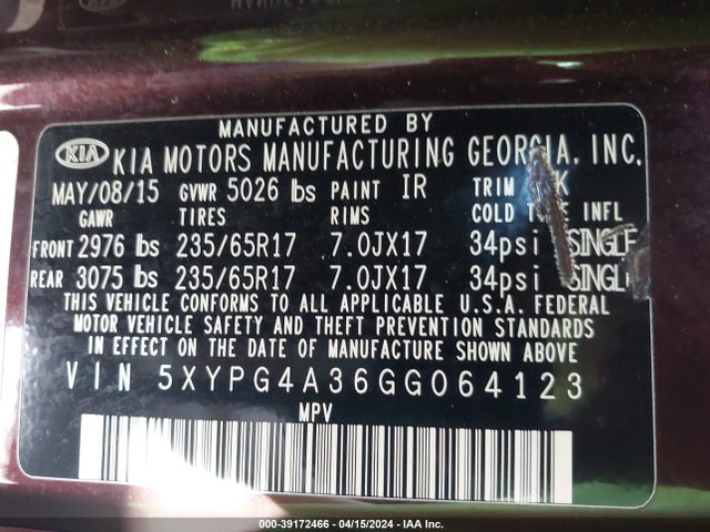 KIA Sorento 2.4l Lx 2016 5XYPG4A36GG064123 Image 9