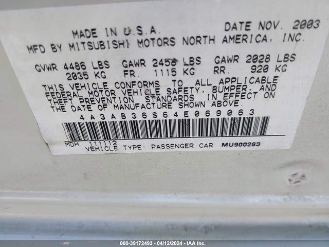 2004 MITSUBISHI GALANT 4A3AB36S64E069063 Photo 8