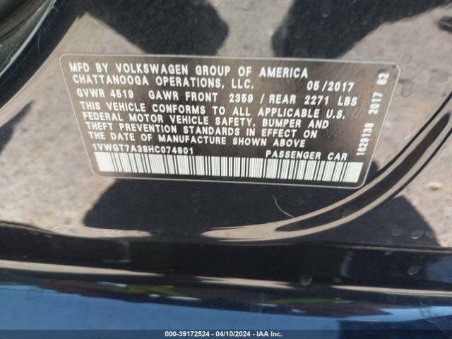 1VWGT7A38HC074801 Volkswagen Passat 1.8t Se