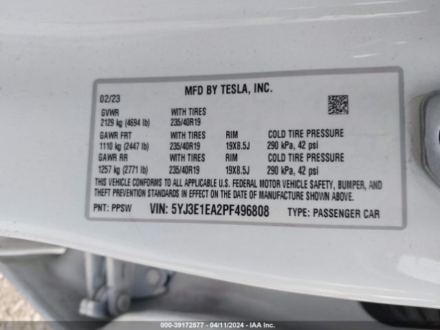 5YJ3E1EA2PF496808 Tesla Model 3 Rear-wheel Drive