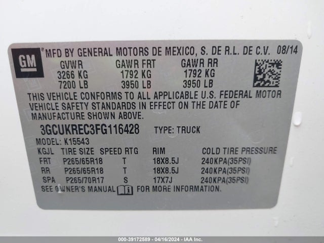 Chevrolet Silverado 1500 2lt 2015 3GCUKREC3FG116428 Image 9
