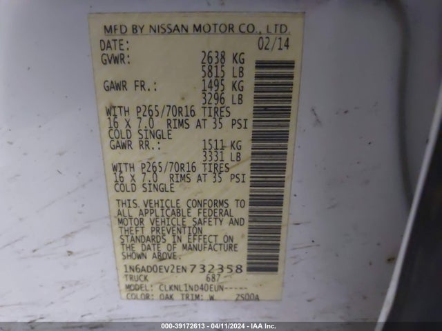 Nissan Frontier Pro-4x/s/sl/sv 2014 1N6AD0EV2EN732358 Image 9