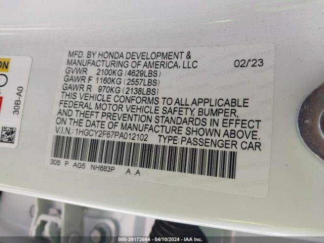1HGCY2F67PA012102 Honda Accord Hybrid Ex-l