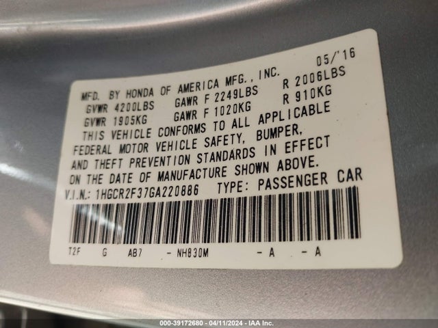Honda ACCORD LX 2016 1HGCR2F37GA220886 Image 9