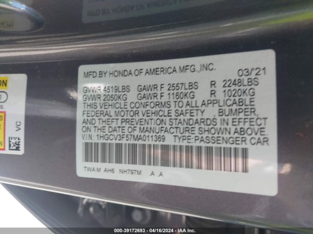 1HGCV3F57MA011369 Honda Accord Hybrid Ex-l