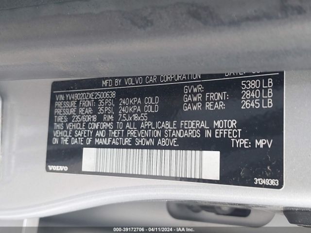 YV4902DZXE2500638 Volvo Xc60 T6/t6 Platinum/t6 Premier Plus/t6 R-design/t6 R-design Platinum/t6 R-design Premier Plus