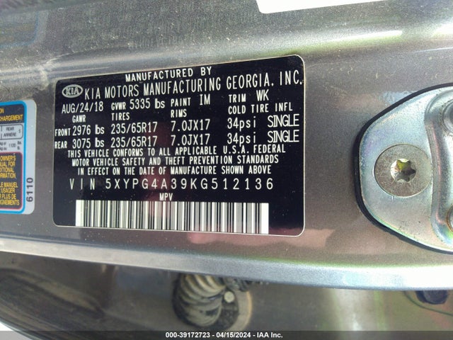 KIA Sorento 2.4l Lx 2019 5XYPG4A39KG512136 Image 9