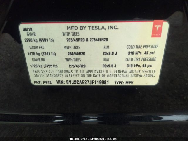 5YJXCAE27JF119981 Tesla Model X 100d/75d/p100d
