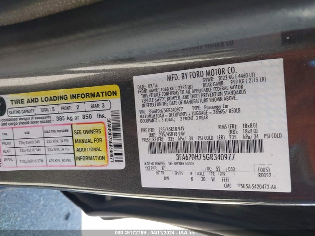 Ford FUSION SE 2016 3FA6P0H75GR340977 Image 9