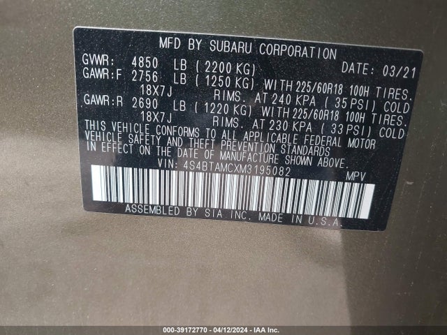 Subaru Outback Limited 2021 4S4BTAMCXM3195082 Image 9
