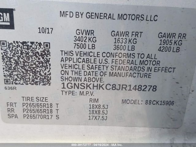 1GNSKHKC8JR148278 Chevrolet Suburban Lt