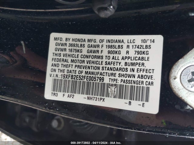 Honda Civic Lx 2015 19XFB2E52FE005799 Image 9