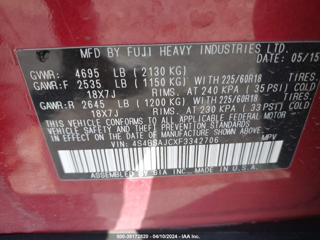 Subaru Outback 2.5i Limited 2015 4S4BSAJCXF3342706 Image 9