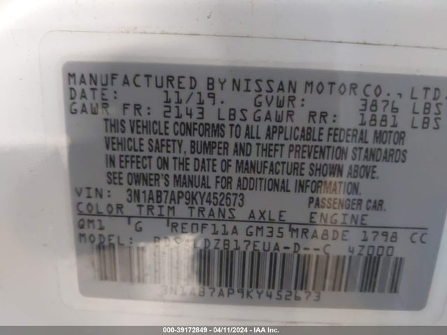 Nissan SENTRA SV 2019 3N1AB7AP9KY452673 Image 9