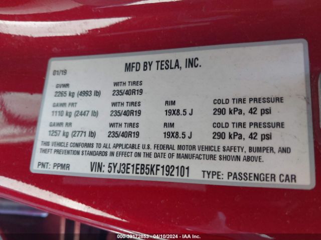 5YJ3E1EB5KF192101 Tesla Model 3 Long Range/performance